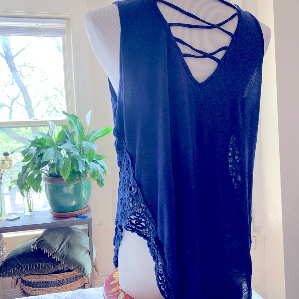 E&M Royal Blue Tank with Lace accents on ea side ..strappy back M 3/$15